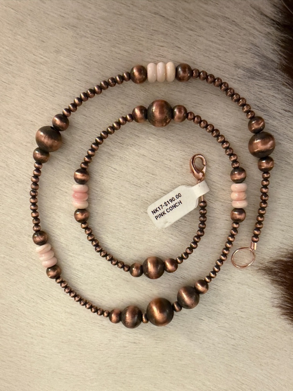 ❤️ Oxidized Copper Desert Pearl Queen Pink Conch Rondel Beads 21” Necklace 29.3G